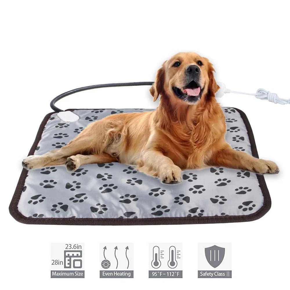 Dog lying on a heating pad with paw prints, surrounded by product features and specifications.