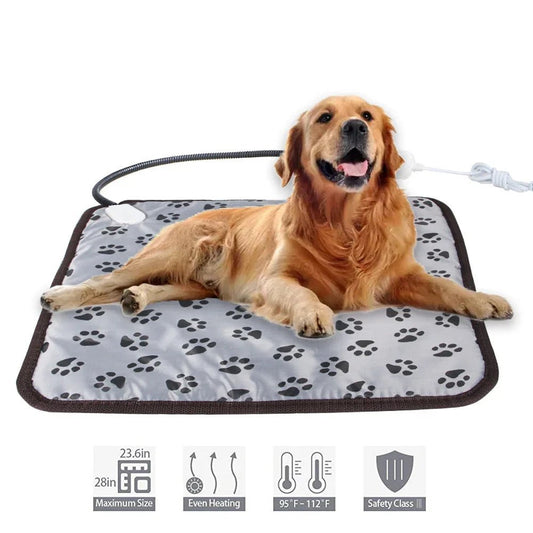Dog lying on a heating pad with paw prints, surrounded by product features and specifications.