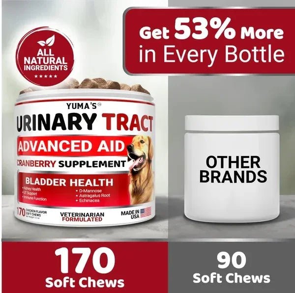 Yuma's Urinary Tract Advanced Aid supplement for dogs with a comparison to 'Other Brands' on a gray background.