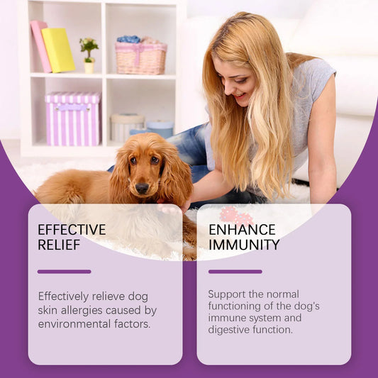 Woman with a dog in a living room setting, with text about effective relief and enhancing immunity.