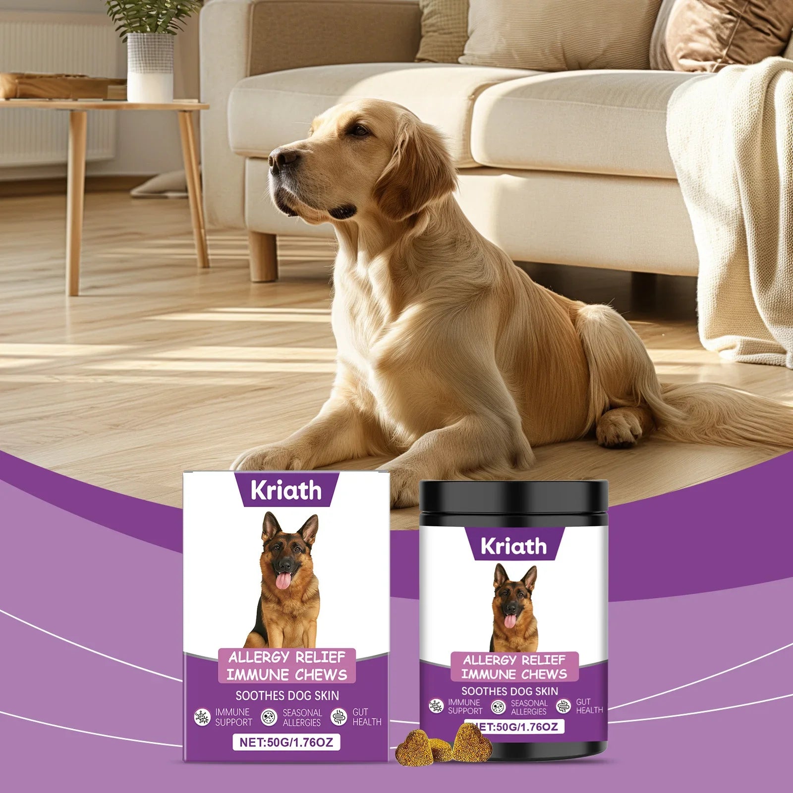 Dog sitting on a couch with Kriath pet product packaging in the foreground