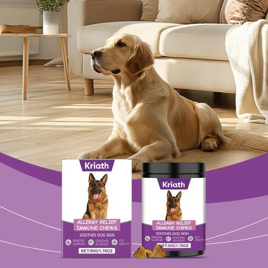 Dog sitting on a couch with Kriath pet product packaging in the foreground