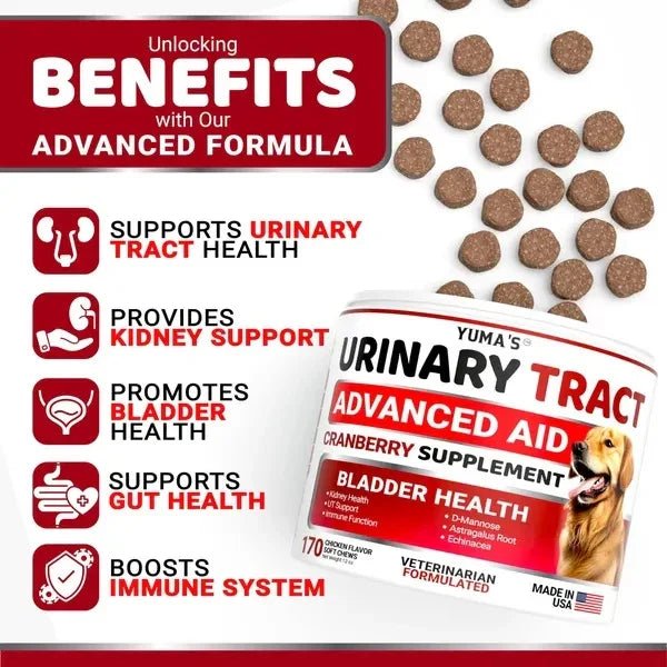 Yuma's Urinary Tract Advanced Aid supplement for dogs with benefits listed on a white background.