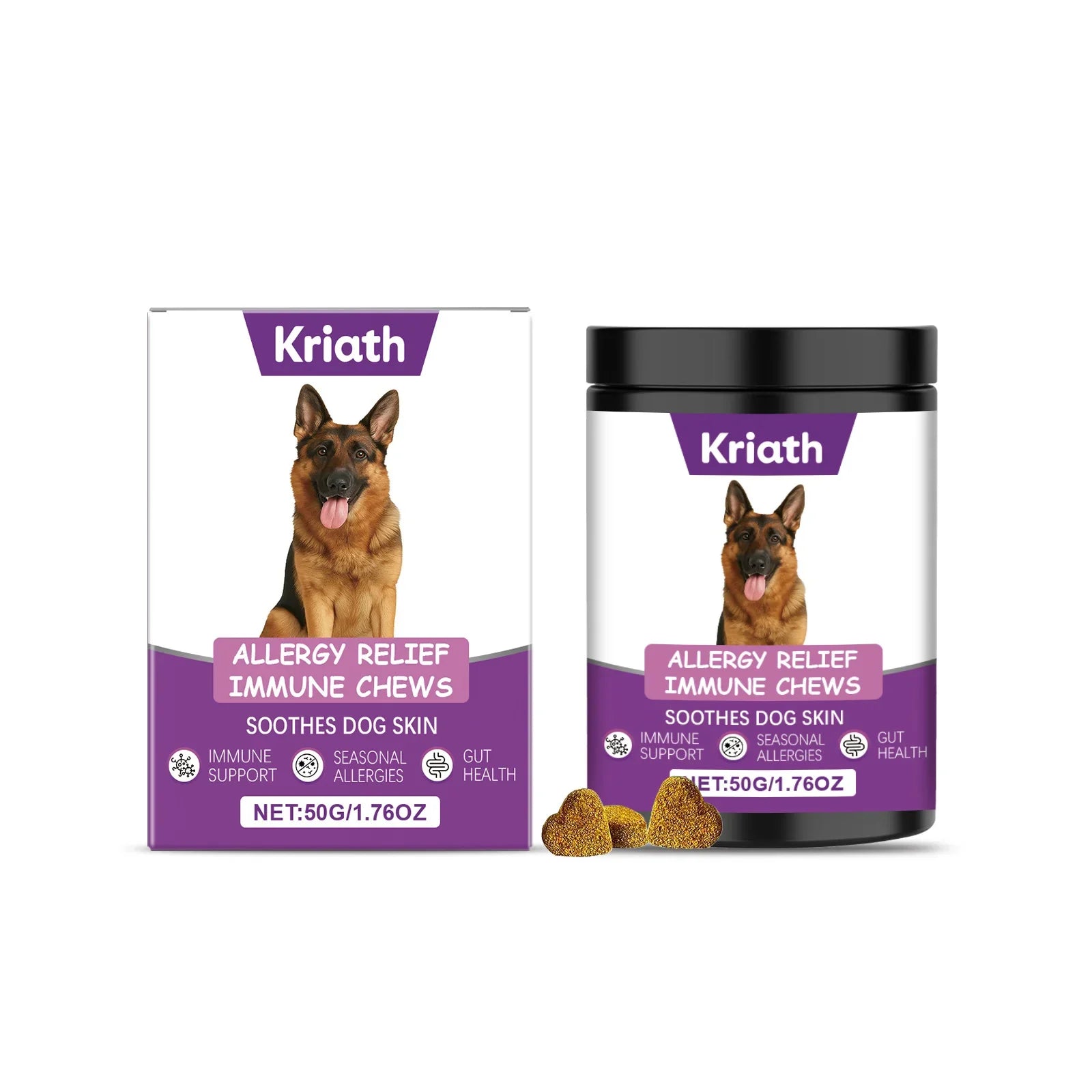 Kriath allergy relief immune chews packaging for dogs on a white background