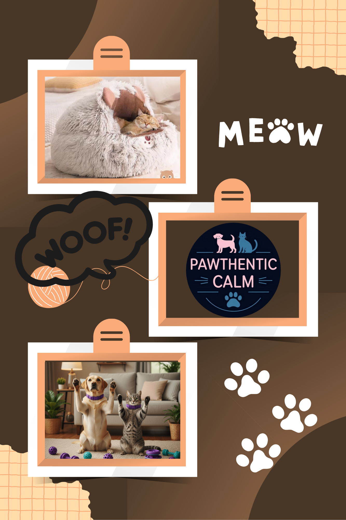 Pawthentic Calm logo with cat sleeping and dog and cat playing