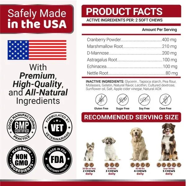 Product label for dog chews with safety, quality, and ingredient information.