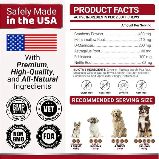 Product label for dog chews with safety, quality, and ingredient information.