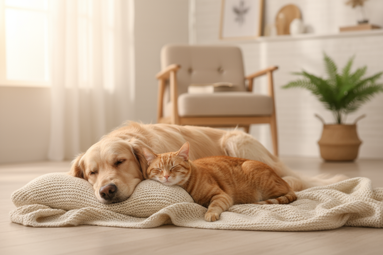 Golden retriever and tabby cat resting together